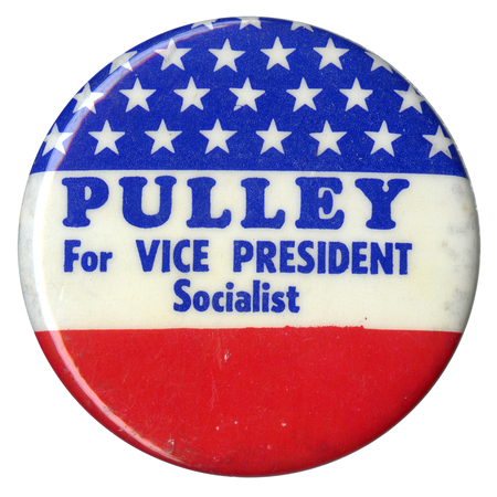 Round, red, white, and blue button with white stars in the blue section. Blue text reads "PULLEY For VICE PRESIDENT Socialist"