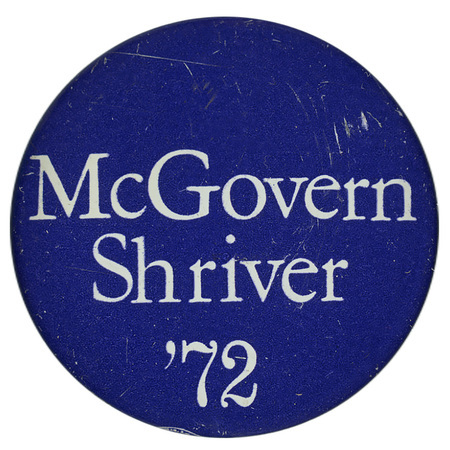 Round, blue button with white text reading "McGovern Shriver '72"