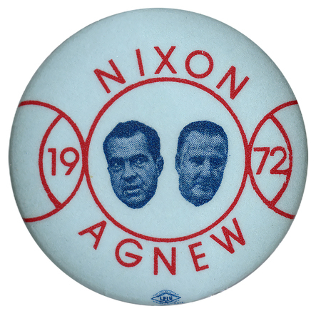 Round, white button with black and white portraits of Richard Nixon and Spiro Agnew within a red circle. Red text reads "NIXON AGNEW 1972"