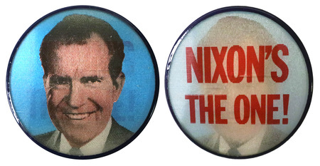 Richard Nixon. Republican Party nominee for President of the United States. Holographic button alternates between text and image of Nixon's face.