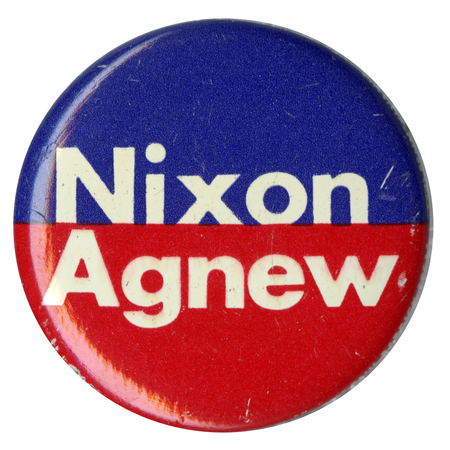 Round, red and blue button with white text reading "Nixon Agnew"