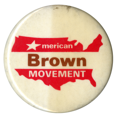Round, white button with a red and white striped outline of the United States. White and brown text reads "[star]merican Brown MOVEMENT"