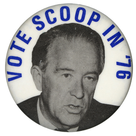 Round, white button with a black and white portrait of Henry "Scoop" Jackson. Blue text reads "VOTE SCOOP IN '76"