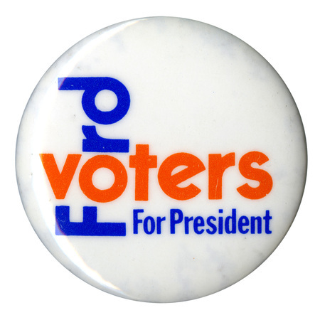 Round, white button with blue and orange text reading "Ford voters For President"