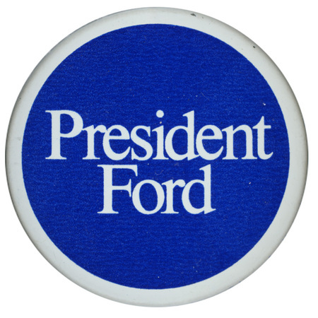 Round, blue button with a white border and white text reading "President Ford"