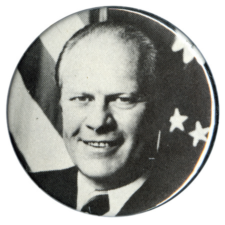 Round button with a black and white photograph of Gerald Ford.