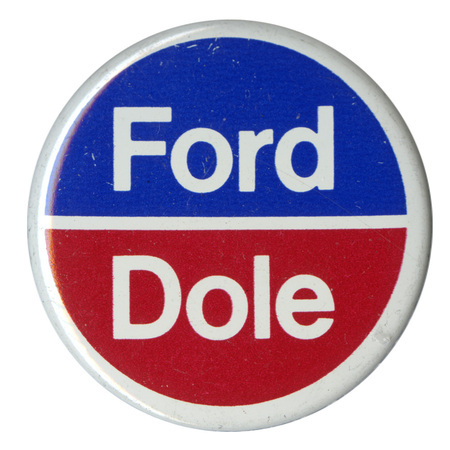 Round, red and blue button with a white border and white text reading "Ford Dole"