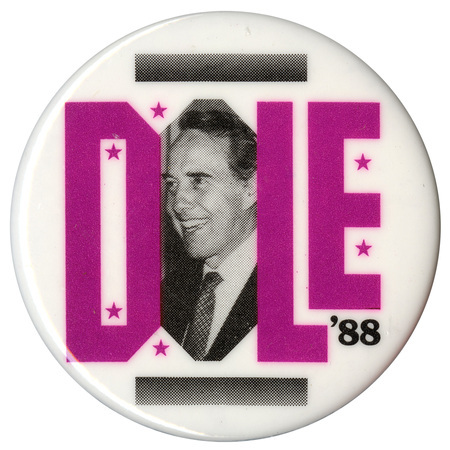 Round, white button with black and purple text reading "DOLE '88." A black and white photograph of Bob Dole makes up the "O" in "DOLE".
