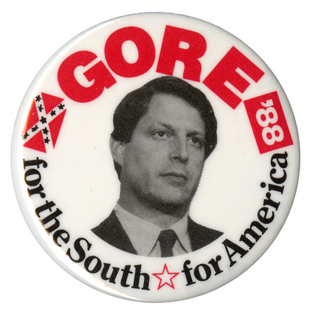 Round, white button with a black and white photograph of Al Gore. Red and blue text reads "GORE for the South for America"