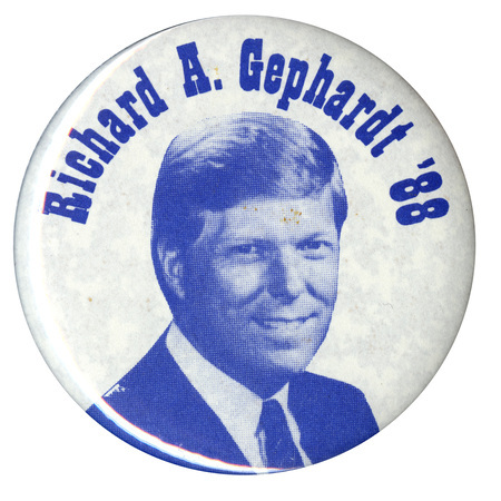 Round, white button with a blue and white photograph of Richard Gephardt and blue text reading "Richard A. Gephardt '88"