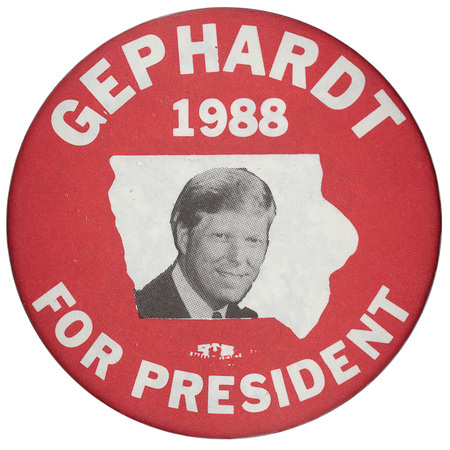 Round, red button with a black and white photograph of Richard Gephardt within a white outline of the state of Iowa. White text reads "GEPHARDT 1988 FOR PRESIDENT"