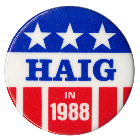 Round button with red, white, and blue stars and stripes decoration. Blue and white text reads "HAIG IN 1988"