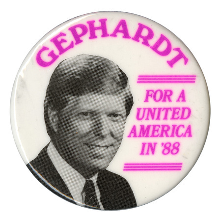 Round, white button with a black and white photograph of Richard Gephardt and purple text reading "GEPHARDT FOR A UNITED AMERICA IN '88"