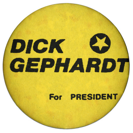 Round, yellow button with black text reading "DICK GEPHARDT For PRESIDENT"