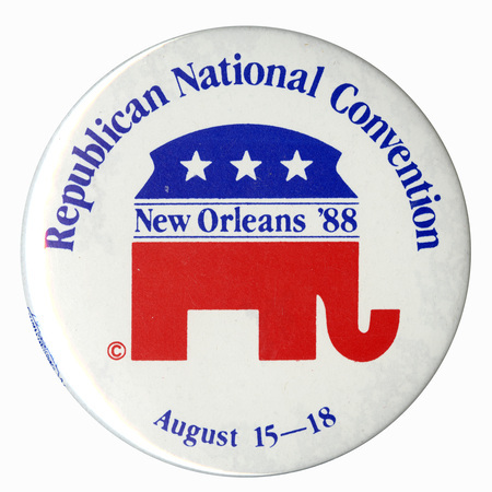 Round, white button with the red, white, and blue GOP elephant symbol. Blue text reads "Republican National Convention New Orleans '88 August 15-18"