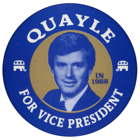Round button with a blue border containing white GOP elephant symbols. In the middle is a blue and white photograph of Dan Quayle against a gold background. White text reads "QUAYLE FOR VICE PRESIDENT"