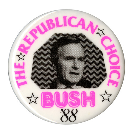 Round, white button with a black and white photograph of George H. W. Bush. Pink text reads "THE REPUBLICAN CHOICE BUSH '88"