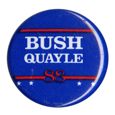 Round, blue button with white and red text reading "BUSH QUAYLE 88"