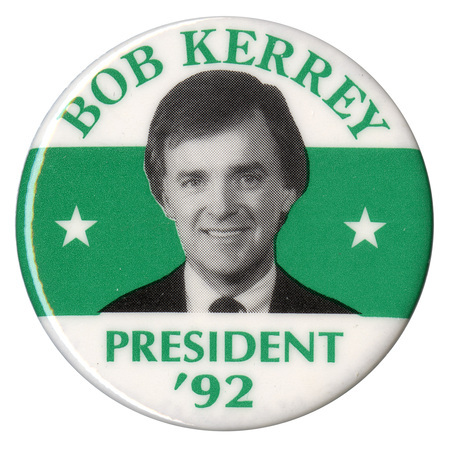 Round, white and green button with a black and white photograph of Bob Kerrey. Green text reads "BOB KERREY PRESIDENT '92"