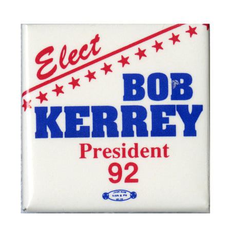 Square, white button with red and blue text reading "Elect BOB KERREY President 92"