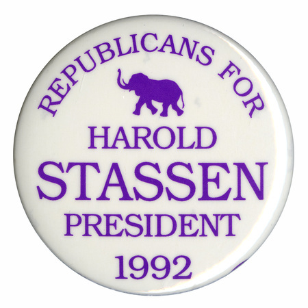 Round, white button with a blue drawing of an elephant and blue text reading "REPUBLICANS FOR HAROLD STASSEN PRESIDENT 1992"