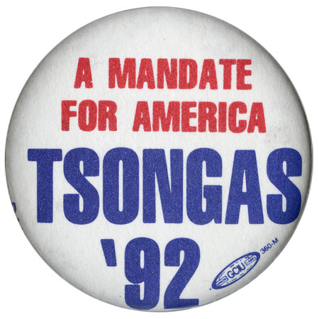 Round, white button with red and blue text that reads "A MANDATE FOR AMERICA TSONGAS '92"