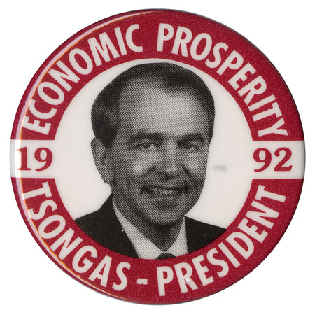 Round button with a red border and a black and white photograph of Paul Tsongas. Red and white text reads "ECONOMIC PROSPERITY 1992 TSONGAS PRESIDENT"