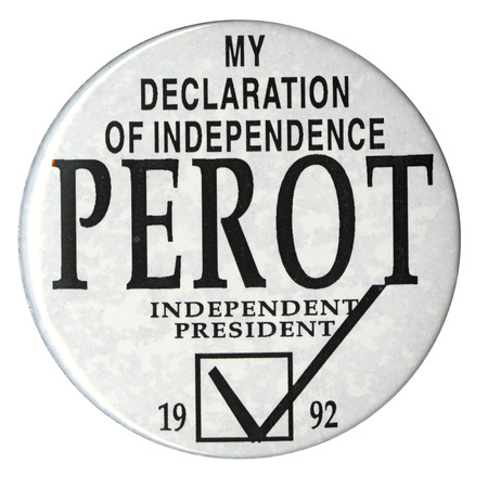 Round, white button with black text reading "MY DECLARATION OF INDEPENDENCE PEROT INDEPENDENT PRESIDENT 1992." At the bottom center of the button is a box with a check in it. 