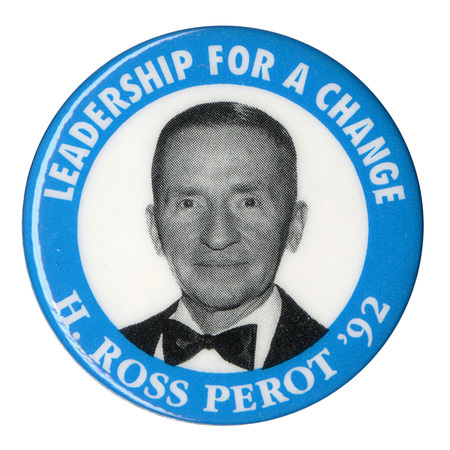 Round button with a blue border and a black and white photograph of Ross Perot in a white circle in the center. White text reads "LEADERSHIP FOR A CHANGE H. ROSS PEROT '92"