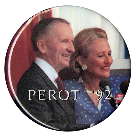 Round button with a color photograph of Ross and Margot Perot. White text reads "PEROT '92"