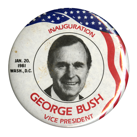 Round, white button with red and blue flag decorations and a black and white photograph of George H. W. Bush. Red and black text reads "INAUGURATION GEORGE BUSH VICE PRESIDENT JAN. 20, 1981 WASH., D.C."