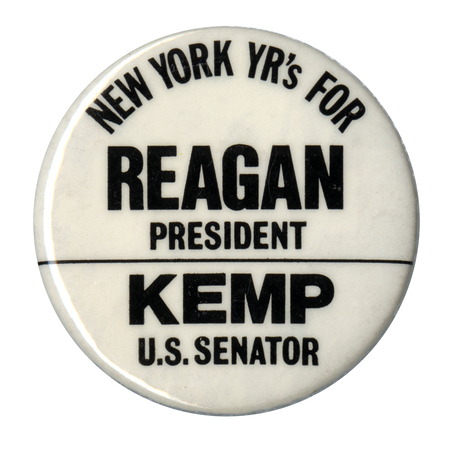 Round, white button with black text reading "NEW YORK YR's FOR REAGAN PRESIDENT KEMP U.S. SENATOR"