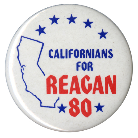 Round, white button with a blue outline of the state of California and blue stars. Blue and red text reads "CALIFORNIANS FOR REAGAN 80"