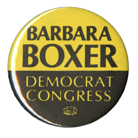Round, yellow and black button with black and yellow text reading "BARBARA BOXER DEMOCRAT CONGRESS"