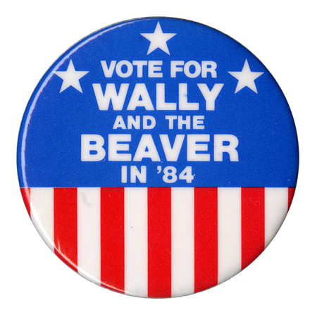 Round button, blue with stars on the upper half and red and white stripes on the lower half. White text reads "VOTE FOR WALLY AND THE BEAVER IN '84"