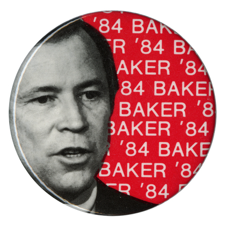 Round button with a black and white photograph of Howard H. Baker, Jr., against a background of white text repeating "BAKER '84" on a red field.