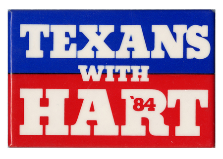 Rectangular, blue and red button with white text reading "TEXANS WITH HART '84"