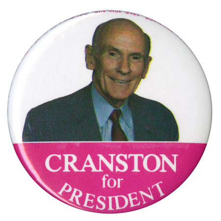 Round button with a color photograph of Alan Cranston against a white field in the upper half. In the lower half, white text on a red field reads "CRANSTON for PRESIDENT"