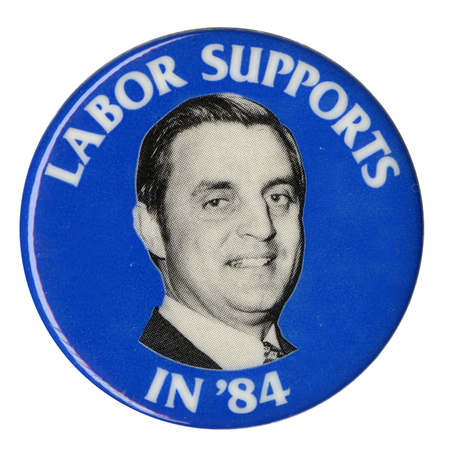 Round, blue button with a black and white photograph of Walter Mondale. White text reads "LABOR SUPPORTS IN '84"