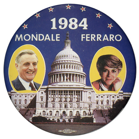 Round, blue button with color photographs of Walter Mondale and Geraldine Ferraro against a color photograph of the US Capitol building. White text reads "1984 MONDALE FERRARO"