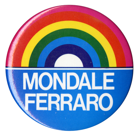 Round button with a rainbow in the upper half and white text "MONDALE FERRARO" on a blue field in the lower half.