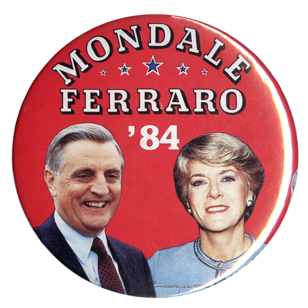 Round, red button with color photographs of Walter Mondale and Geraldine Ferraro. White text reads "MONDALE FERRARO '84"