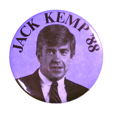 Round, blue button with a black and white photograph of Jack Kemp. Black text reads "JACK KEMP '88"