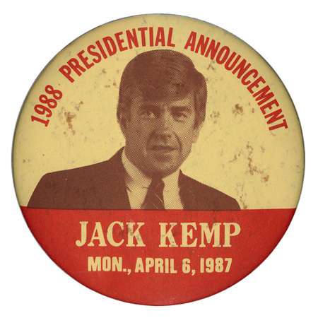 Round, yellow and red button with a black and white photograph of Jack Kemp. Red and yellow text reads "1988 PRESIDENTIAL ANNOUNCEMENT JACK KEMP MON., APRIL 6, 1987"