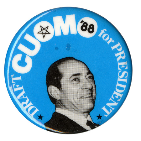 Round, blue button with a black and white photograph of Mario Cuomo. White text reads "DRAFT CUOMO '88 for PRESIDENT"