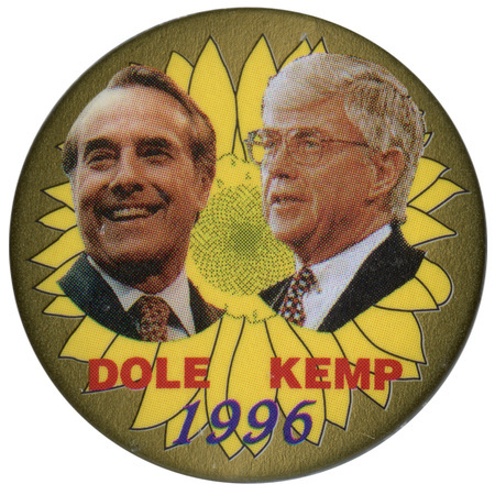 Round, gold button with a large, yellow illustration of a sunflower. In the center are color photographs of Bob Dole and Jack Kemp. Red and blue text reads "DOLE KEMP 1996"