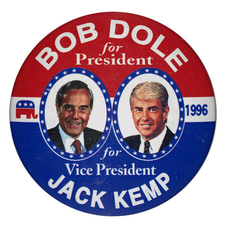 Round, red and blue button with color photographs of Bob Dole and Jack Kemp surrounded by blue frames with white stars. White text reads "BOB DOLE for President JACK KEMP for Vice President"