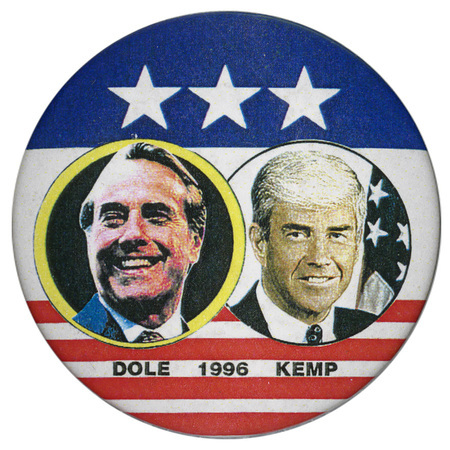Round button with a background of red, white, and blue stars and stripes. Color photographs of Bob Dole and Jack Kemp appear in the center. Black text reads "DOLE 1996 KEMP"