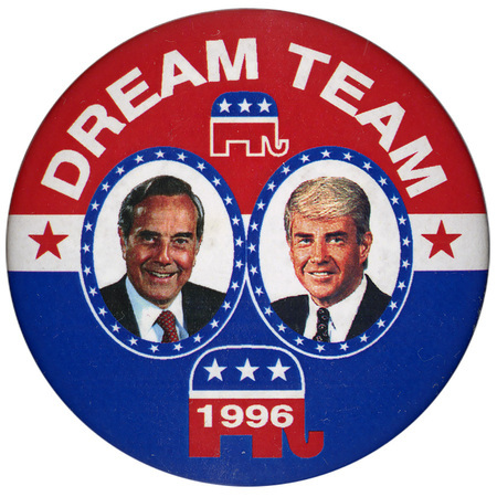 Round, red, white, and blue button with two red, white, and blue GOP elephant symbols. Color photographs of Bob Dole and Jack Kemp appear in the center. White text reads "DREAM TEAM 1996"