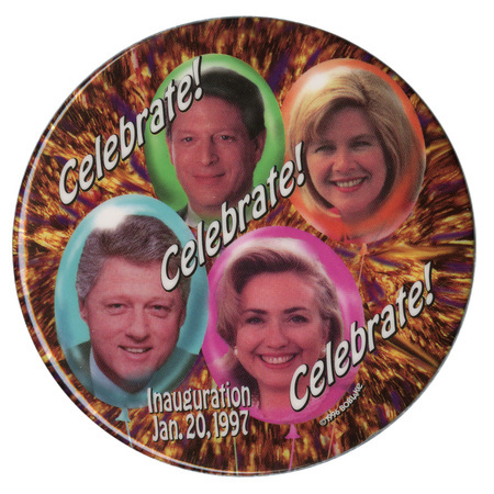 Round button with a streaky gold and black background. Color photographs of Bill Clinton, Al Gore, Tipper Gore, and Hillary Clinton appear in pastel-colored balloon illustrations. White text reads "Celebrate! Celebrate! Celebrate! Inauguration Jan. 20, 1997"